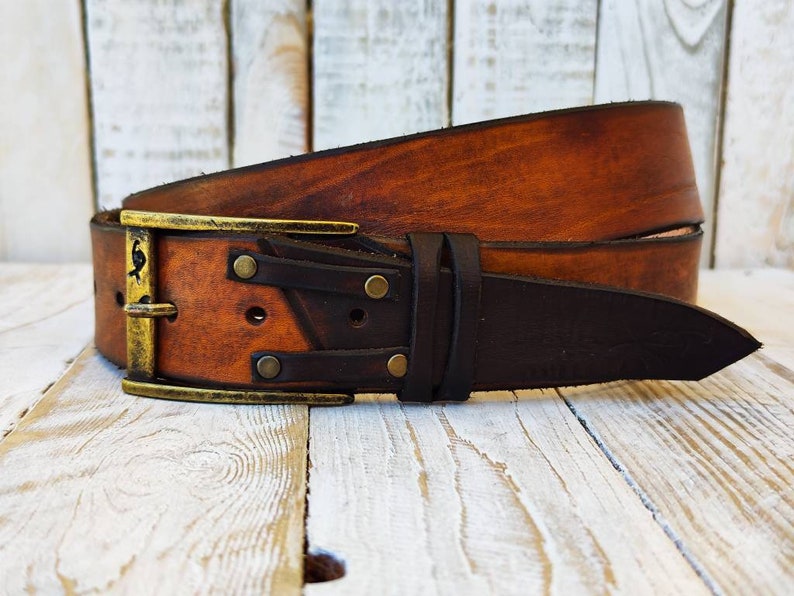 Ishaor unique Handmade Brown Leather Belt Authentic Full Grain with Bronze buckle image 3