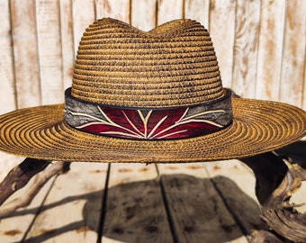 Handcrafted Straw Hat with Red Flower Vintage Leather Band - Unique Boho-Chic Design