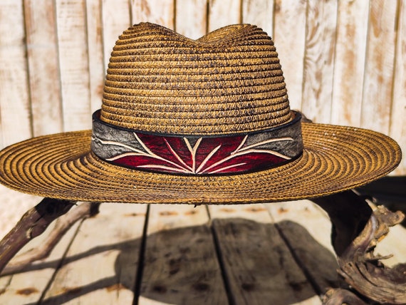 Handcrafted Straw Hat With Red Flower Vintage Leather Band  display picture 1