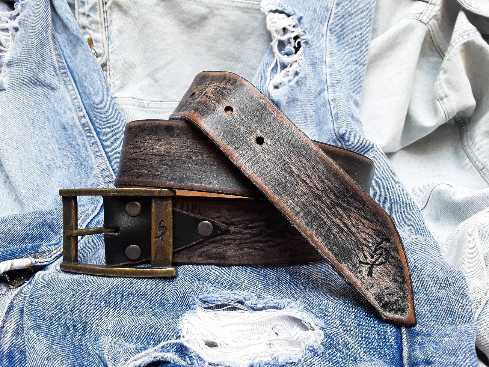 Black Leather Vintage Mens Belt - Personalized Custom Black Leather Vintage Mens Belt - Personalized Custom
