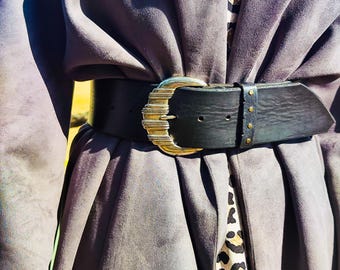 Handmade Black Leather Waist Belt – Wide Silver Buckle, Studded Loop