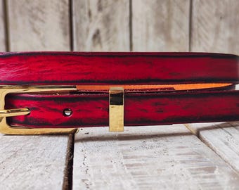 Thin Red Leather Belt for Women – Black Wash, Elegant Gold Buckle, Handmade Skinny Belt