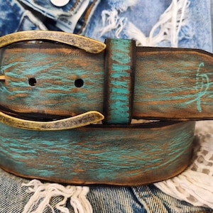 Turquoise Leather Mens Belt - Handmade Vintage Style Customizable and Personalized for Mens Gift