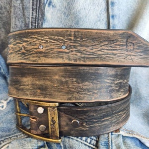 A black leather belt with brown spots that makes it look vintage simple black belt for jeans perfect for daily use and personalized option image 2