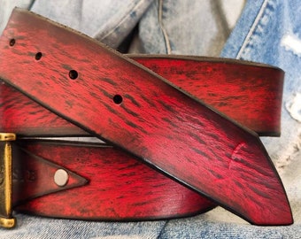 Handcrafted Red Leather Belt, Custom Full Grain Leather