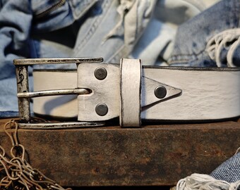 Vintage White Leather Belt – Handcrafted Mens Accessory - Etsy display picture 1