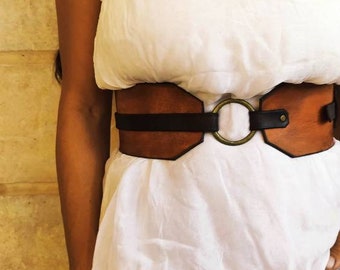 Handcrafted Brown Leather Waist Belt with Unique Cord Closure - Women's Fashion Belt - Handmade Leather Gift for Her