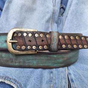 Custom leather belts, Men&#39;s Belt, Unique Leather, Men&#39;s Turquoise Leather, Studded Belt,Boho Belt,Christmas Belt, Design Accessories