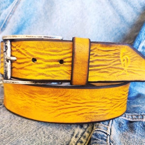 A yellow leather belt with brown wash, the perfect belt color for jeans with option to personalized for a gift with name image 9