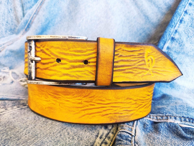 A yellow leather belt with brown wash, the perfect belt color for jeans with option to personalized for a gift with name image 9