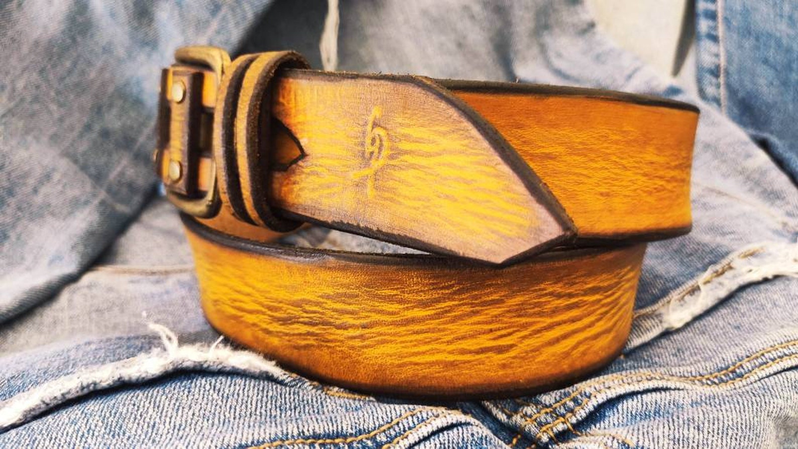 Yellow leather belt with brown wash stunning design made by | Etsy