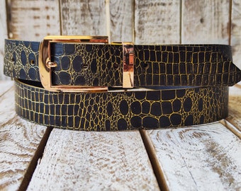 Black Leather Belt, Gold Wash and gold Buckle, Elegant Everyday Accessor. Adjustable belt the perfect gift