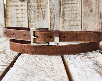 Handmade Brown Narrow Leather Belt with Silver Buckle - Stylish Accessory for Men or Women