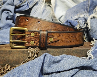 Handmade Full Grain Leather Belt: Vintage Brown, Brass Double Prong Buckle (3.6 cm)