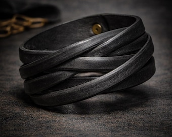 Handmade Full Grain Leather Wrap Bracelet, Minimalist Layered Cuff, Rock Style Jewelry