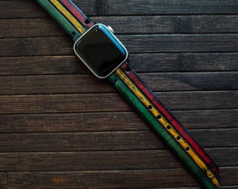 Apple Watch Band Rasta Leather Personalized handmade Leather Apple Watch Band 45 mm, 44mm, 42mm 41mm 40 mm and 38 mm Jamaican iwatch colors