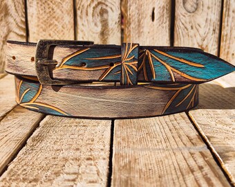 Handmade Leather Belt | Turquoise Floral Carving, White Wash Finish