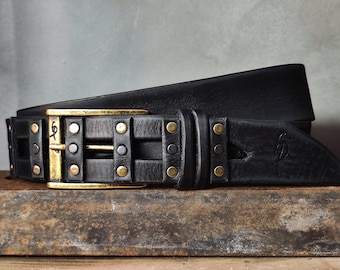 Handmade Black Leather Studded Belt – Full Grain Rivet Statement Belt