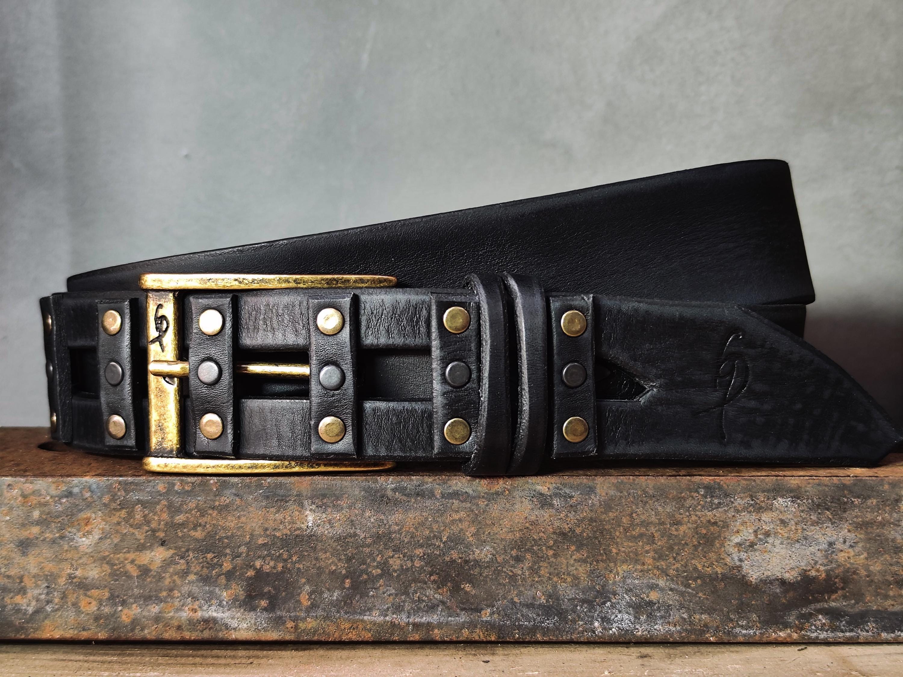 Handmade Black Leather Studded Belt – Full Grain Rivet  display picture 1