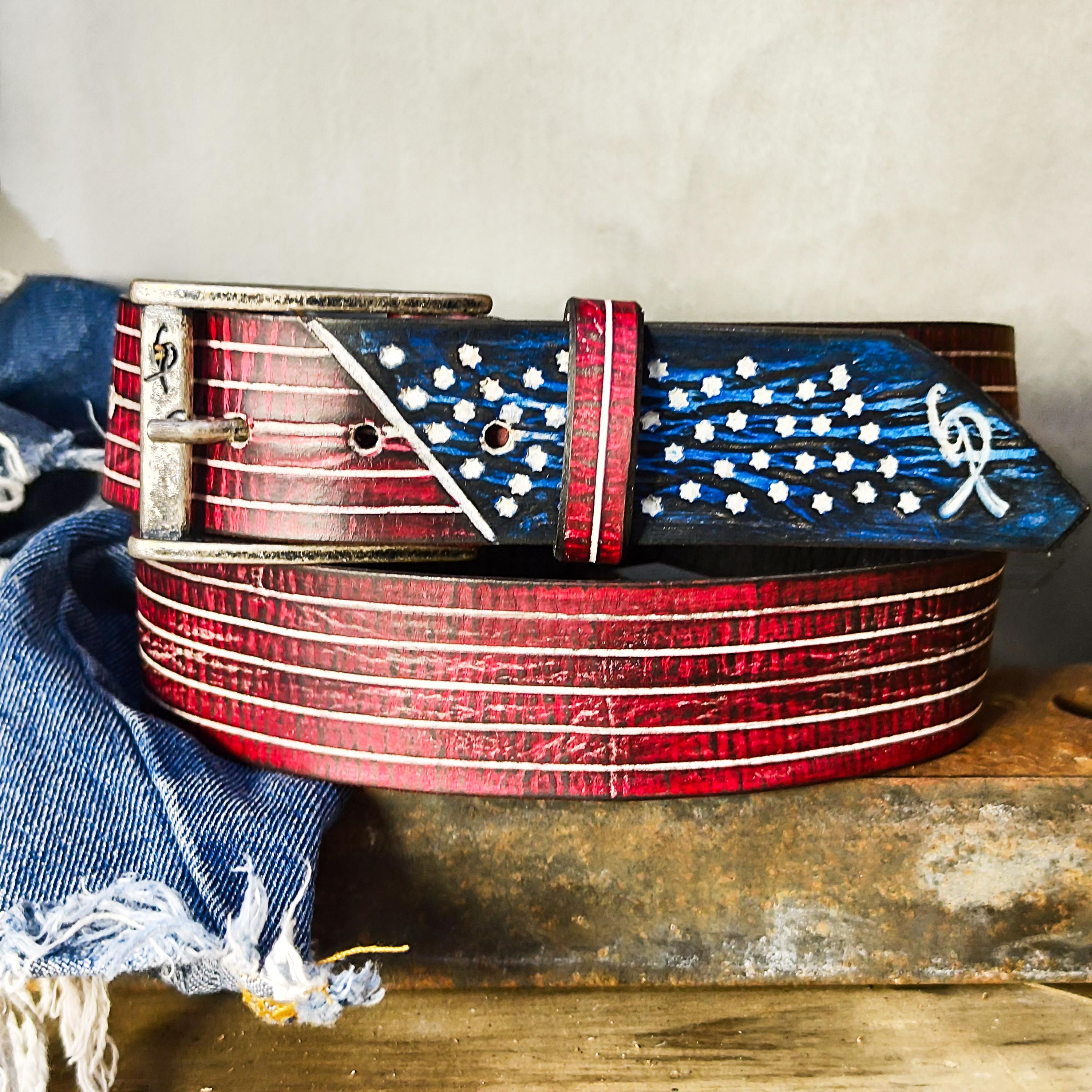 Hand Dyed Leather Belt, American Flag, Western Biker Style  display picture 3