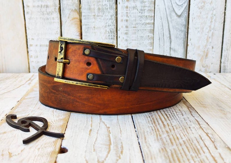 Ishaor unique Handmade Brown Leather Belt Authentic Full Grain with Bronze buckle image 5