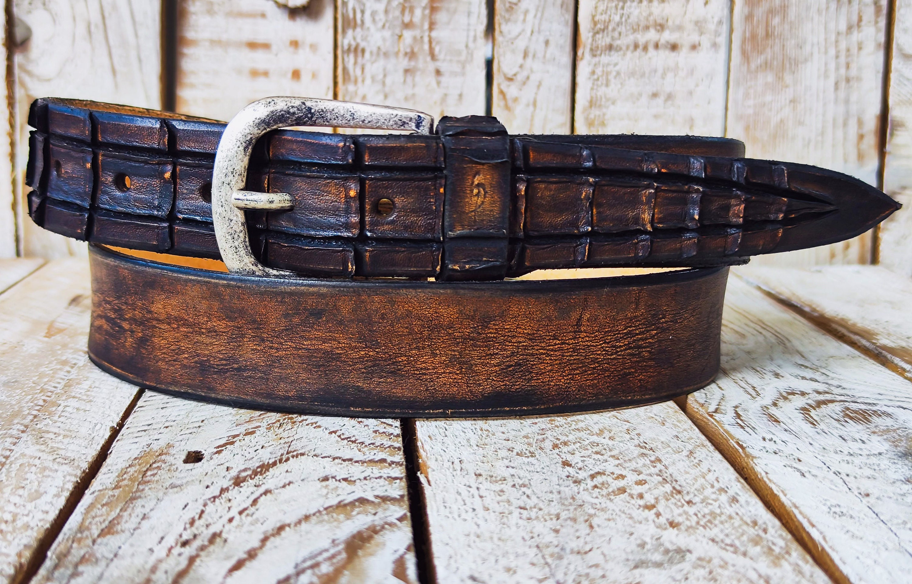 Handmade Dark Brown Leather Belt With Crocodile Tail | 3.6cm  display picture 2
