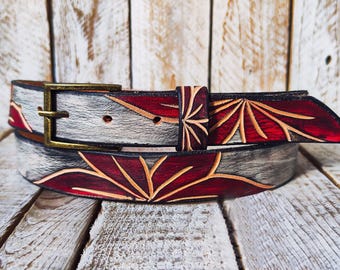 Handmade Leather Belt - Red Flower Carvings, Black Wash Finish