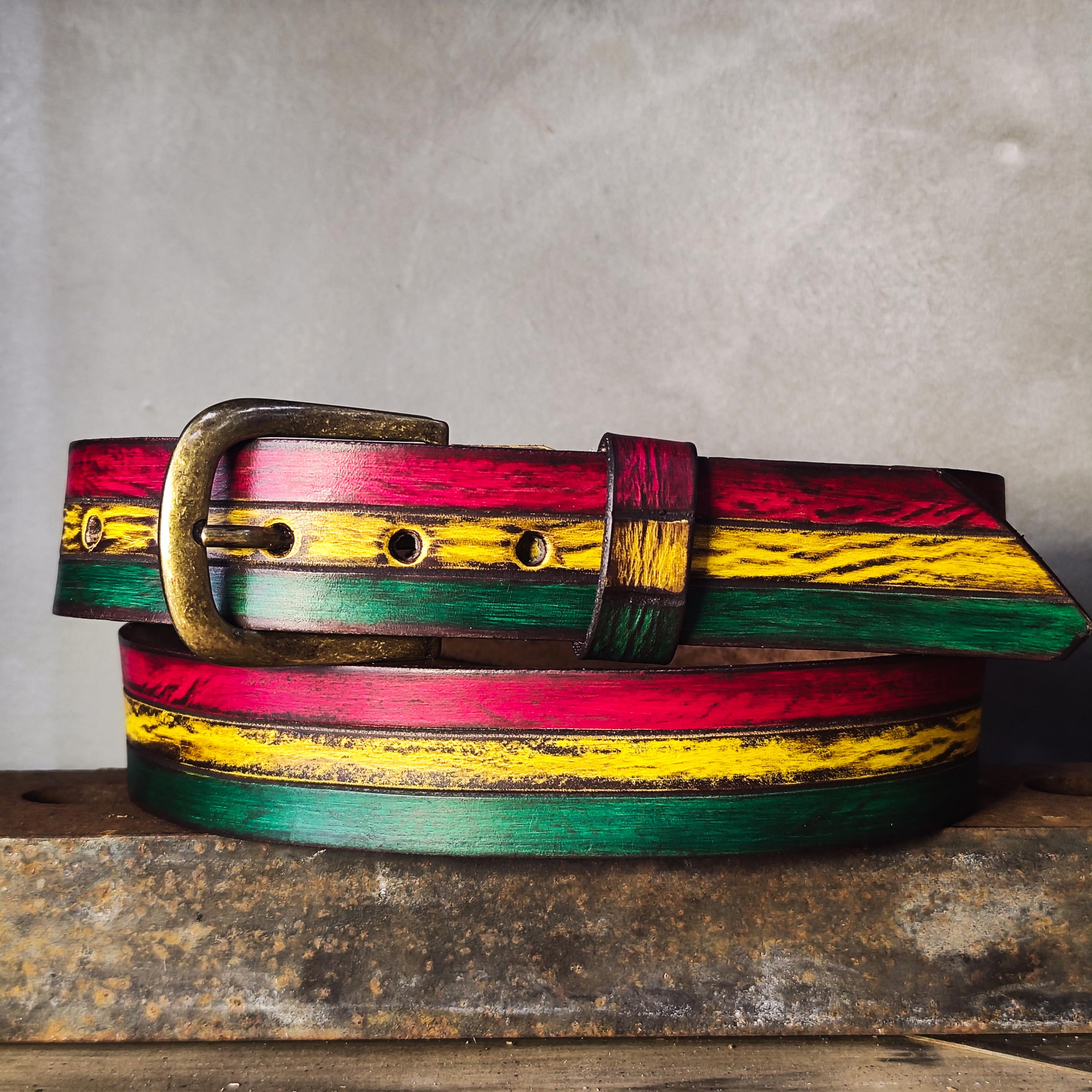 ハンドメイドのラスタレザーベルト - 本物のラスタカラーのフル