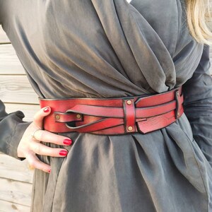 Red Leather Waist Belt - Handcrafted Unique Women&#39;s Leather Belt - Gift for Her