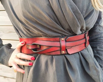 Red Leather Waist Belt - Handcrafted Unique Women's Leather Belt - Gift for Her