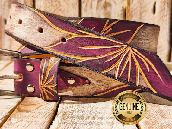 Handcrafted White Leather Belt With Engraved Purple Flower  display picture 2