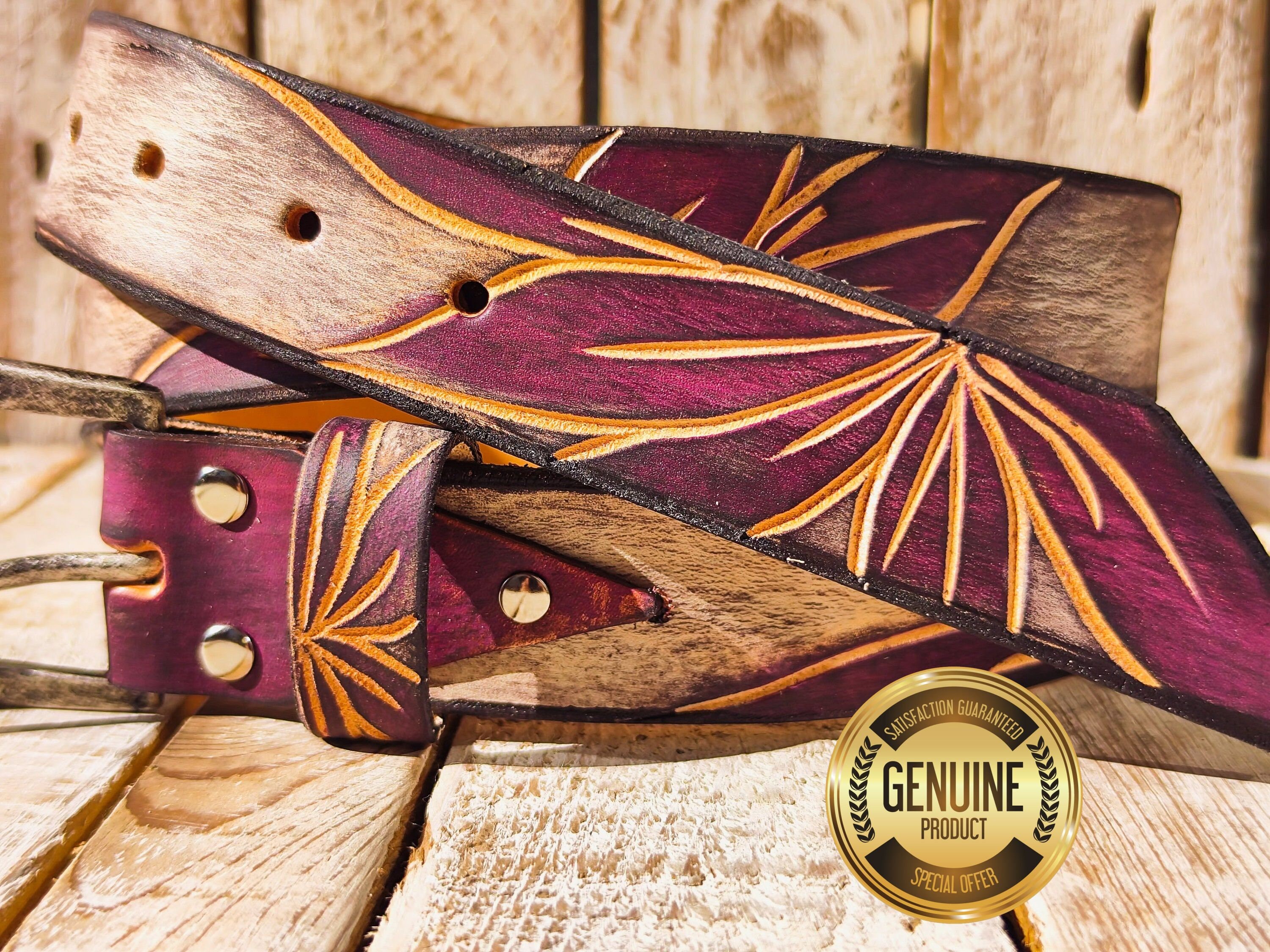 Handcrafted White Leather Belt With Engraved Purple Flower  display picture 3