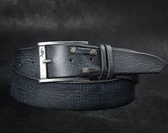 Rustic Black Leather Mens Belt - Wide Buckle Artisan Design - Unique and Stylish Mens Apparel and Accessory - Rocker Style