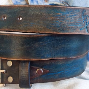 Men's blue Leather vintage style Belt, Custom Men's Leather Accessories and belts for him. image 4