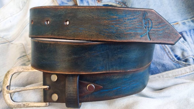 Men's blue Leather vintage style Belt, Custom Men's Leather Accessories and belts for him. image 4