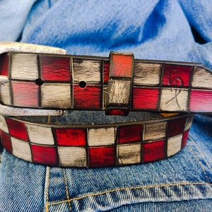 Handcrafted Red and White Leather Belt for Men and Women - Unique Buckle Design for Boho Lovers - Durable and Stylish Unisex Gift