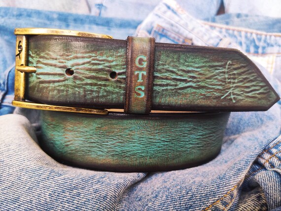 Vintage Turquoise Leather Belt, Brown Wash, Mens Accessories  display picture 3