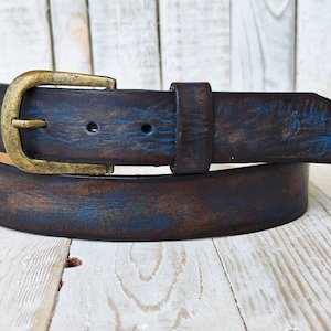 Handmade Leather Belt - Blue with Two-Tone Brown Wash, 3.6 cm - Perfect for Jeans