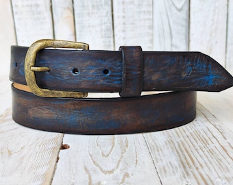 Men's Belt, Blue Belt, Leather Belt, Wide Belt, Leather Mens Belt, Buckle Belt, Accessories for Him, Crafted Belt, Gift Belt, Boho Belt