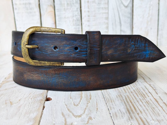 Handmade Blue Leather Belt – Two-tone Brown Wash, Antique  display picture 2