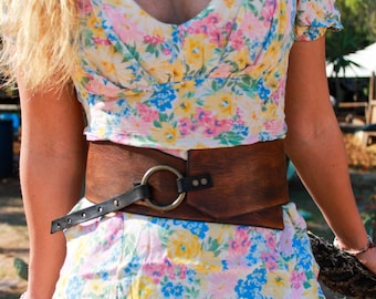 Wide Brown Leather Waist Belt, Bronze Ring, Dual Tone Cinch for Dress and Jackets