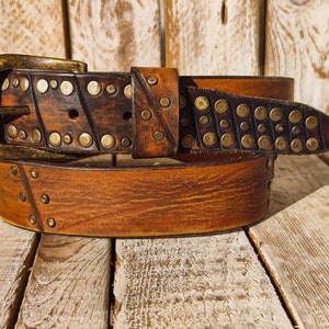 Handmade Leather Belt with Vintage Studs  Two-Tone Brown  36cm Rustic Design  Unique  Stylish