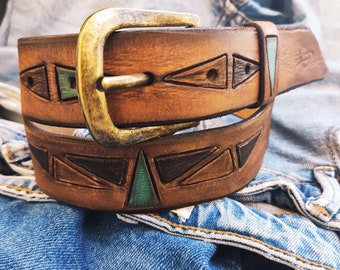 Brown leather belt with cuts of triangle in turquoise and dark brown, perfect belt for gift and for people that like western style.