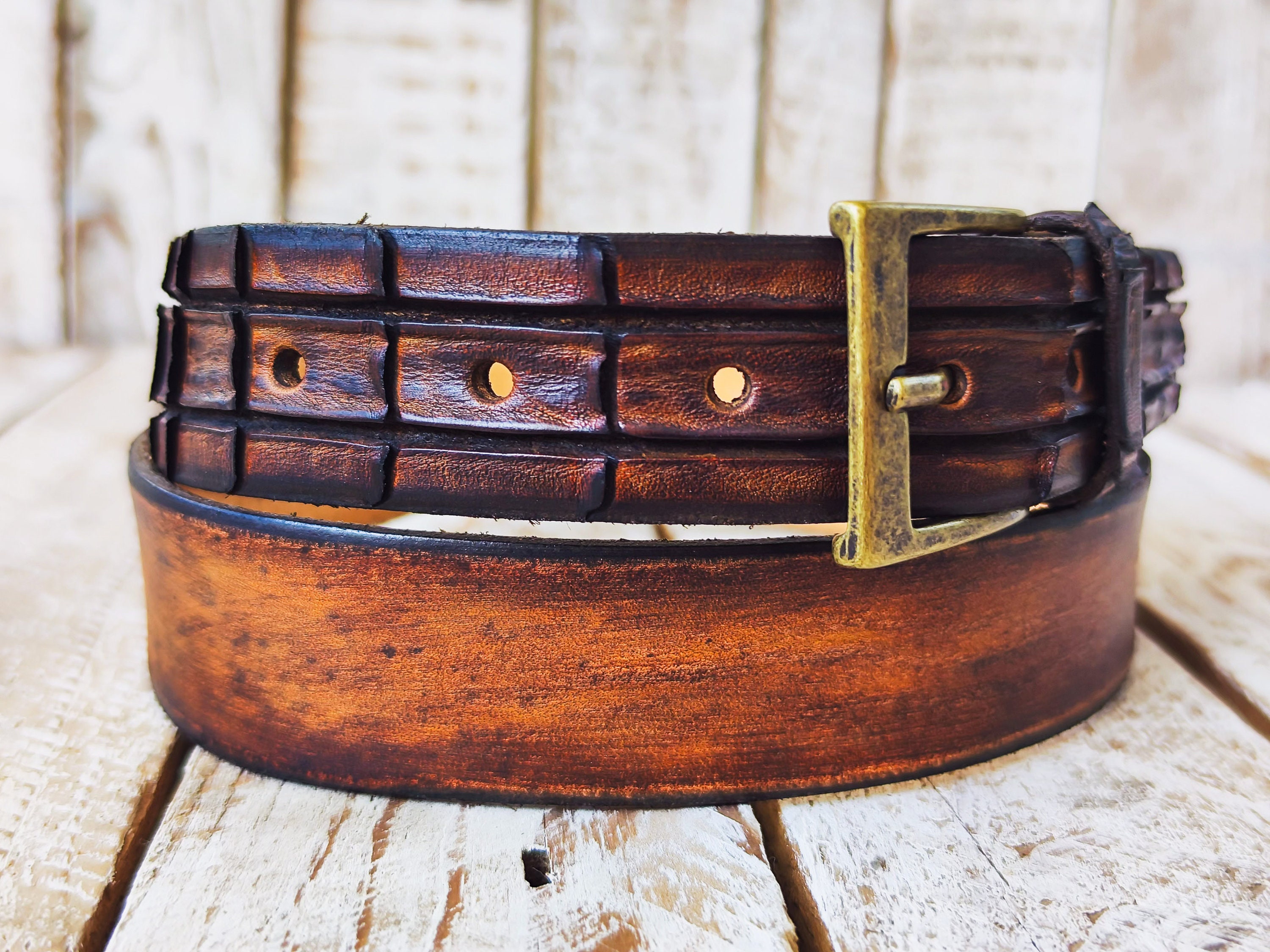 Handmade Brown Leather Belt With Crocodile Tail Shape & Texture
