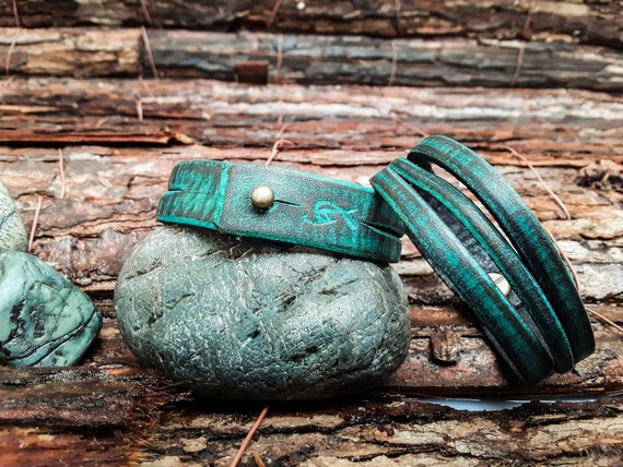 Mens Genuine Leather Cuff Bracelet with Turquoise Accents Handcrafted  Wrap Bracelet