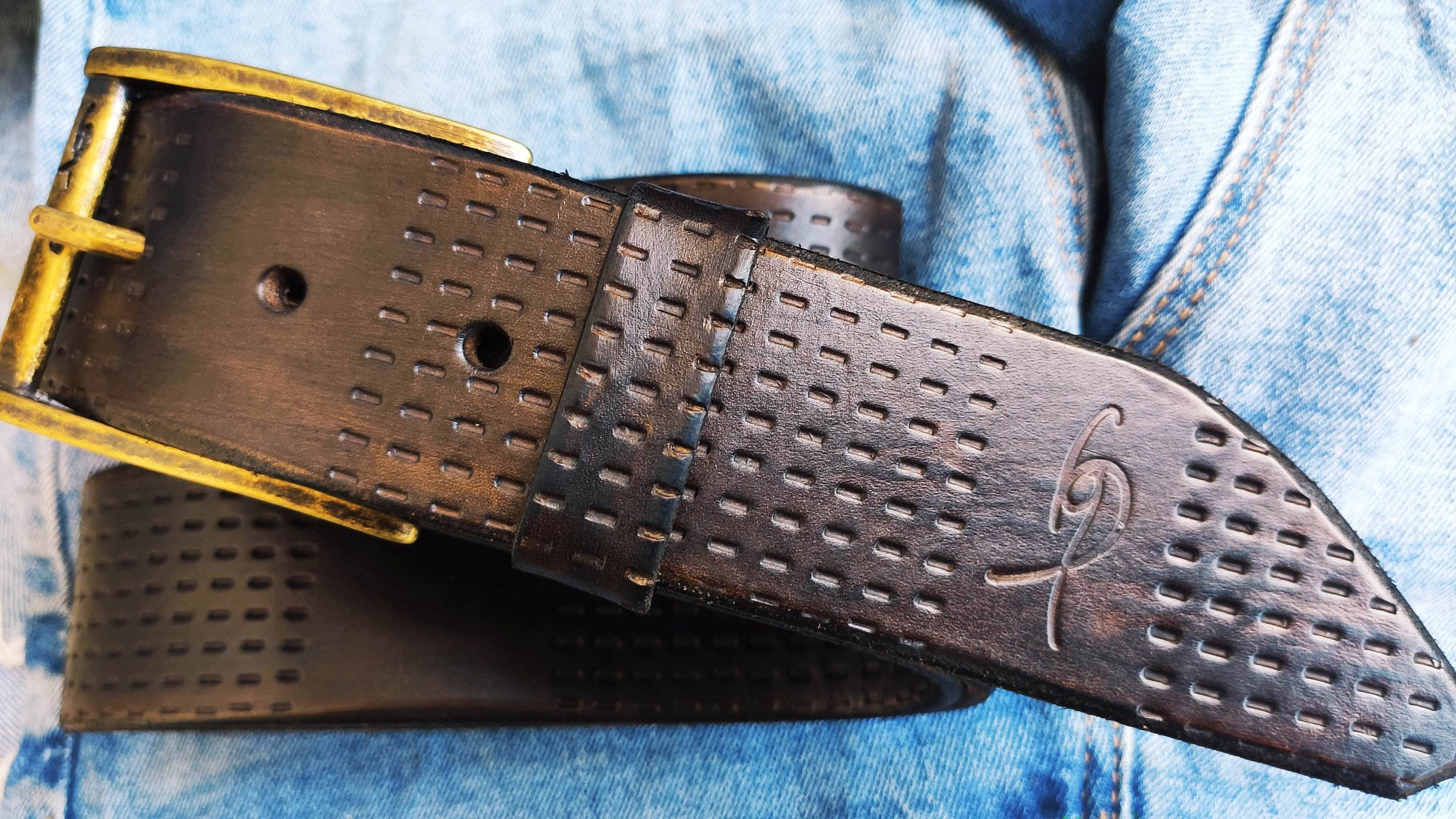Mens Brown Belt Leather With arrow embossed design - SUNSET LEATHER
