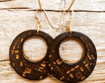 Handmade brown leather round earring with stamps of computer part and gold that you can wear on both sides