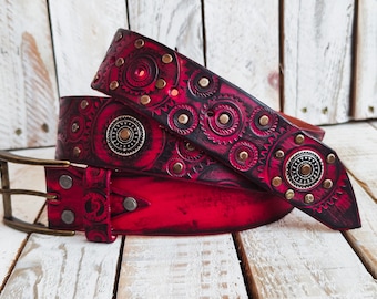 R*）様 theredthread S logo belt tops Handcrafted Red Leather Biker Belt With Motorcycle Stamps