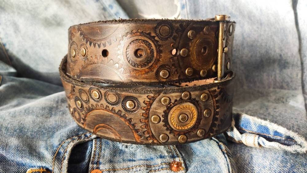 Rustic Handmade Leather Belt with Copper-Gold Buckle and studs, Unisex, 39/1.75” Square Rustic Copper Buckle Belt with Horween Leather  main image 3