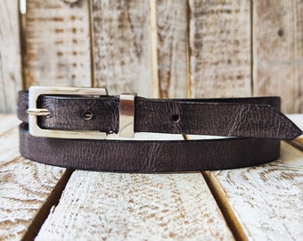 Handmade grey Narrow Leather Belt with black wash and Silver Buckle - Stylish Accessory for Men or Women